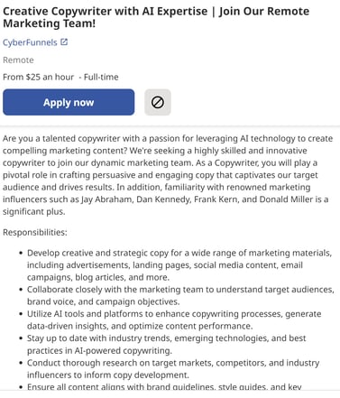 Job posting seeking a copywriter with AI expertise; AI jobs in marketing